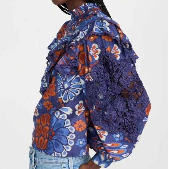 FARM RIO Smocked Pineapple Flowers Navy Blue Blouse Size Small - Picture 3 of 13